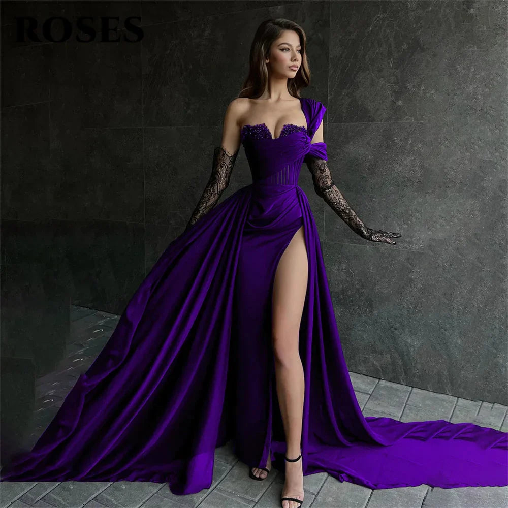 ROSES Side Split Mermaid Evening Dresses Red One Shoulder Prom Dresses Sweetheart فستان حفلات الزفاف Stain Formal Occasion Dress