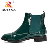 ROYYNA 2021 New Designers Ankle Boots Round Toe Women Chunky Heels Boots Women’s Bootie Patent Leather Ladies Fashion Boots Soft