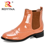 ROYYNA 2021 New Designers Ankle Boots Round Toe Women Chunky Heels Boots Women’s Bootie Patent Leather Ladies Fashion Boots Soft