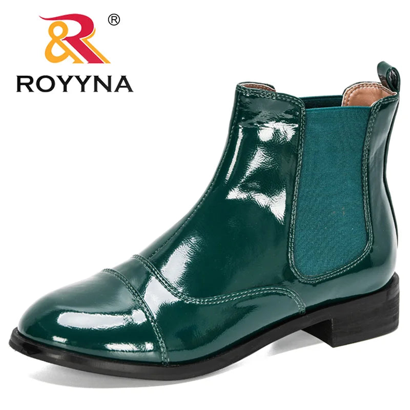 ROYYNA 2021 New Designers Ankle Boots Round Toe Women Chunky Heels Boots Women’s Bootie Patent Leather Ladies Fashion Boots Soft