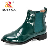 ROYYNA 2021 New Designers Ankle Boots Round Toe Women Chunky Heels Boots Women’s Bootie Patent Leather Ladies Fashion Boots Soft