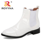 ROYYNA 2021 New Designers Ankle Boots Round Toe Women Chunky Heels Boots Women’s Bootie Patent Leather Ladies Fashion Boots Soft