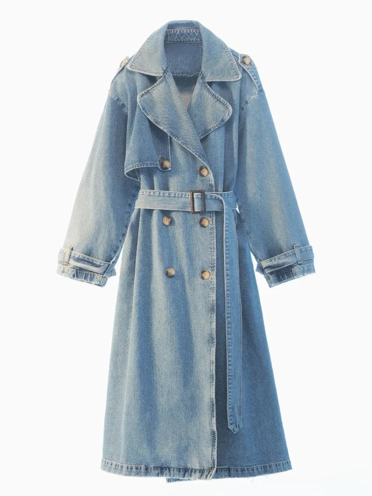 RR2418 X-Long Denim Trench Coats For Women Belt On Waist Slim Jean Coats Ladies Jaqueta Feminina Blue Jean Jacket Woman