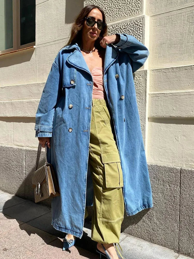 RR2418 X-Long Denim Trench Coats For Women Belt On Waist Slim Jean Coats Ladies Jaqueta Feminina Blue Jean Jacket Woman