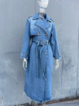 RR2418 X-Long Denim Trench Coats For Women Belt On Waist Slim Jean Coats Ladies Jaqueta Feminina Blue Jean Jacket Woman