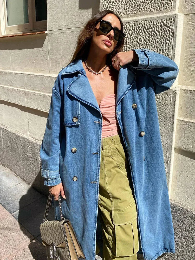 RR2418 X-Long Denim Trench Coats For Women Belt On Waist Slim Jean Coats Ladies Jaqueta Feminina Blue Jean Jacket Woman