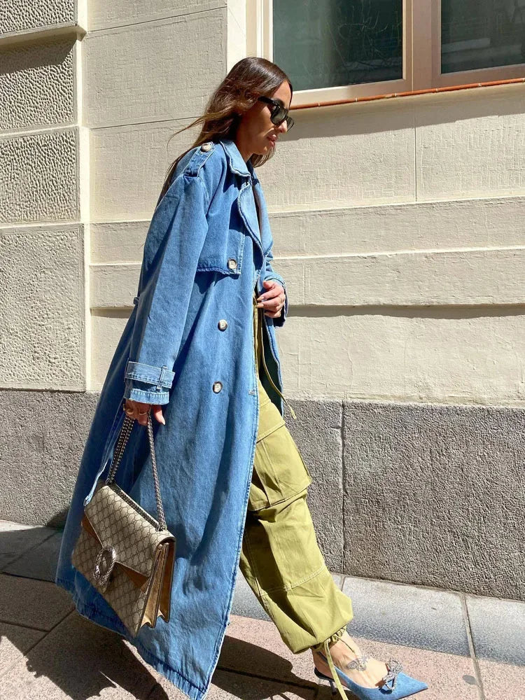 RR2418 X-Long Denim Trench Coats For Women Belt On Waist Slim Jean Coats Ladies Jaqueta Feminina Blue Jean Jacket Woman