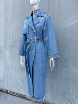 RR2418 X-Long Denim Trench Coats For Women Belt On Waist Slim Jean Coats Ladies Jaqueta Feminina Blue Jean Jacket Woman