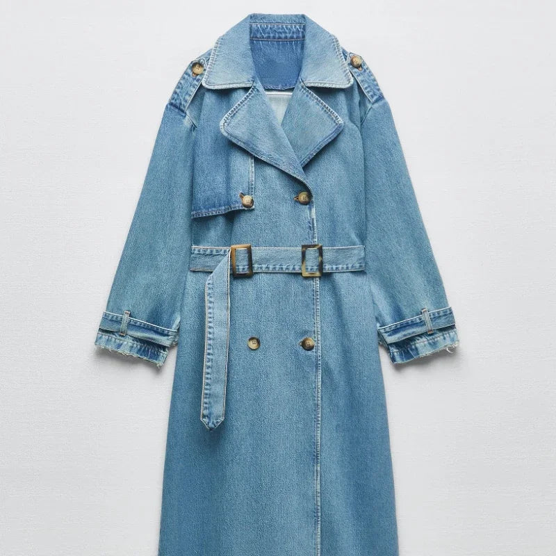 RR2418 X-Long Denim Trench Coats For Women Belt On Waist Slim Jean Coats Ladies Jaqueta Feminina Blue Jean Jacket Woman