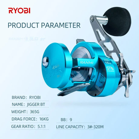 RYOBI RANMI JIGGER BT 50 Reel Fishing Wheel Max Drag 16KG Gear Ratio 5.1:1 8+1BB Fight Shark Slow Jigging Reels