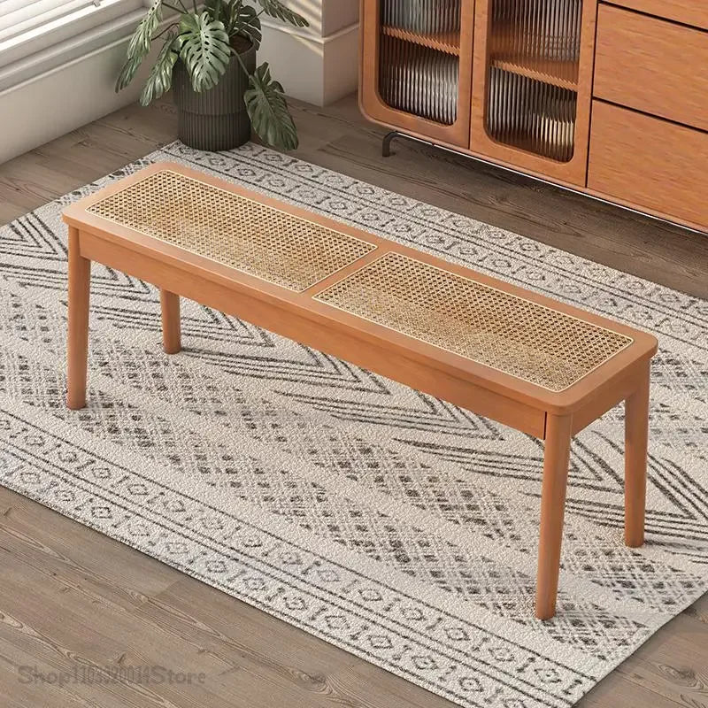 Rattan Bench long Chair Household Solid Wood Dining Chair Japanese Style Log Long Bench Bed End Stool Shoe Changing Stool