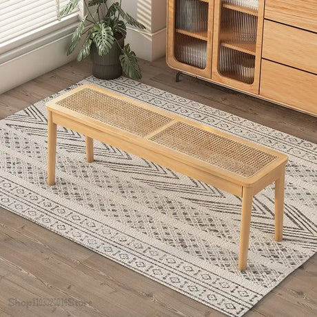 Rattan Bench long Chair Household Solid Wood Dining Chair Japanese Style Log Long Bench Bed End Stool Shoe Changing Stool