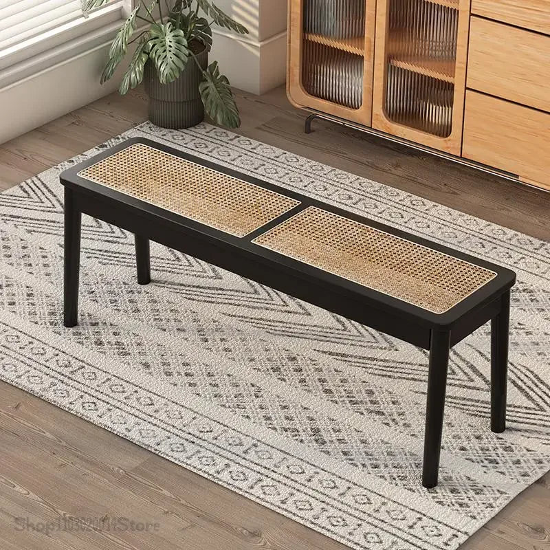 Rattan Bench long Chair Household Solid Wood Dining Chair Japanese Style Log Long Bench Bed End Stool Shoe Changing Stool