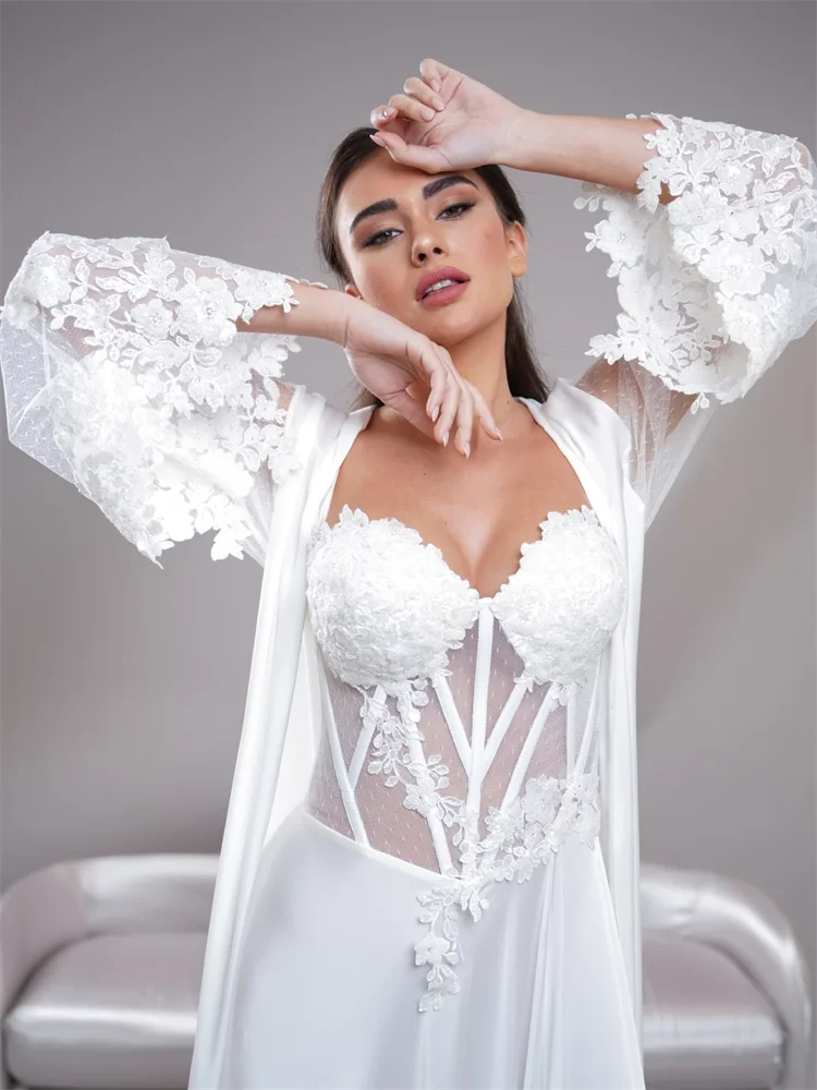 Real Photos Elegant Long Sleeves With Beaded Appliques Bride Robe For Wedding Bridal Shower Dress Women Night Gwons 2024