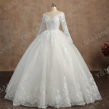 Real video Ball Gown Off Shoulder Wedding Dresses Full Sleeve Sweetheart Lace Appliqus Bead Wedding Dresses For Women 2024 New