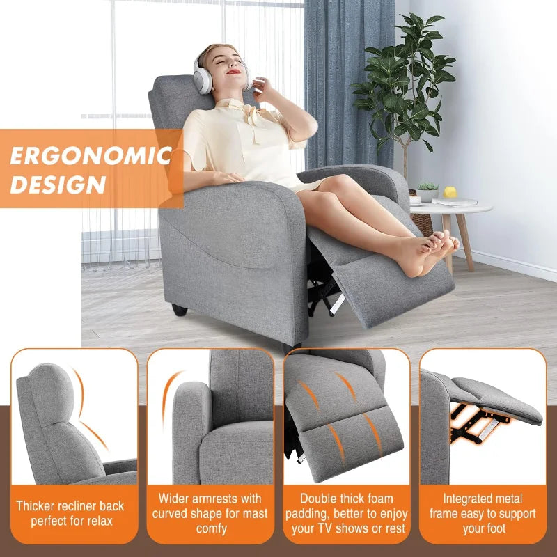 Recliner Chair for Adults, Massage Fabric Small Recliner Sofa Home Theater Seating with Lumbar Support,  Living Room (Grey)