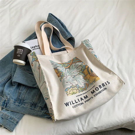 Retro Flower Canvas Bag Large Capacity Shoulder Bag Ladies Fashion Literature Cotton Letters Shopping Bag Student Handbag 2024