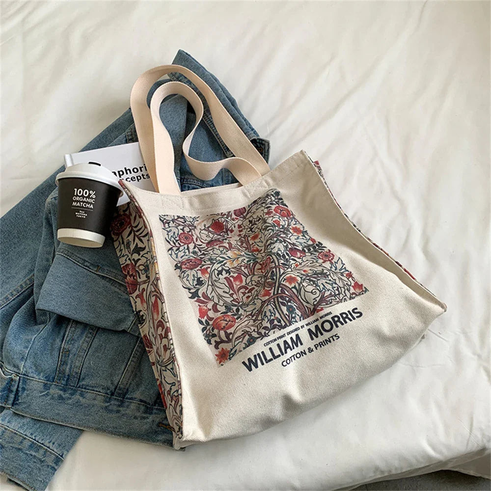 Retro Flower Canvas Bag Large Capacity Shoulder Bag Ladies Fashion Literature Cotton Letters Shopping Bag Student Handbag 2024