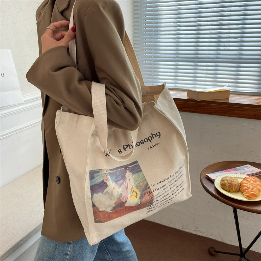 Retro Literary Art Canvas Bag Blue Letter Handbag Van Gogh Large Capacity Shopping Bag Women's Eco-Friendly Foldable Tote Bag