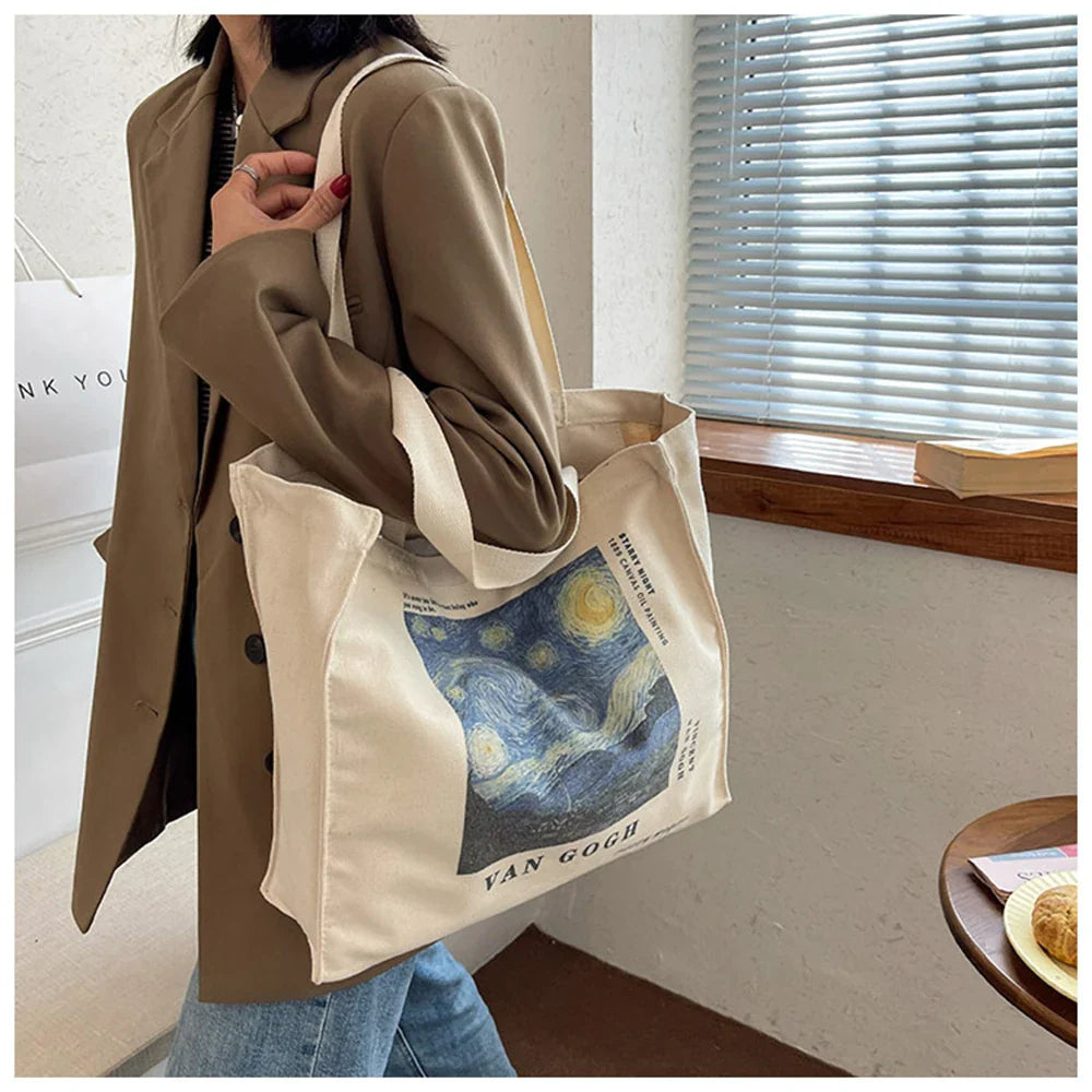 Retro Literary Art Canvas Bag Blue Letter Handbag Van Gogh Large Capacity Shopping Bag Women's Eco-Friendly Foldable Tote Bag