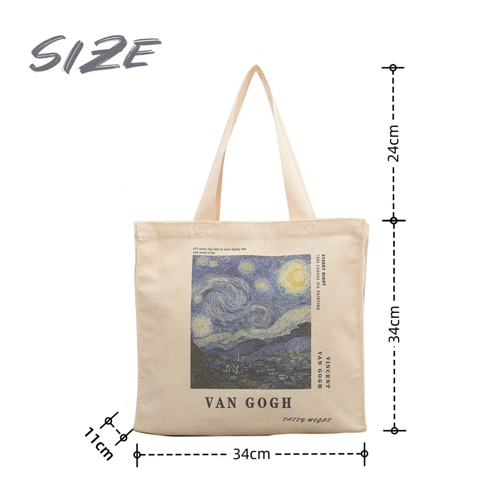 Retro Literary Art Canvas Bag Blue Letter Handbag Van Gogh Large Capacity Shopping Bag Women's Eco-Friendly Foldable Tote Bag