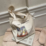 Retro Literary Art Canvas Bag Blue Letter Handbag Van Gogh Large Capacity Shopping Bag Women's Eco-Friendly Foldable Tote Bag