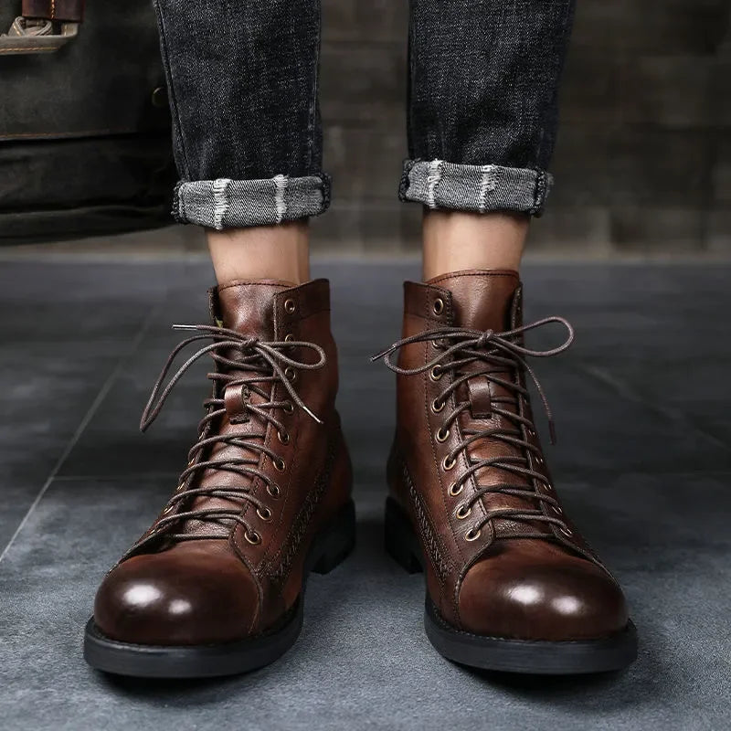 Retro Men Boots Handmade Toe Polish Men Ankle Boots Casual Leather High-top Shoes Platform Motorcycle Booties New Bota Masculina