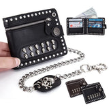 Retro Skull Rivets Men‘s PU Leather Wallet Punk Metal Chain Wallet Zipper Clutch Wallet Money Clip Folded Purse