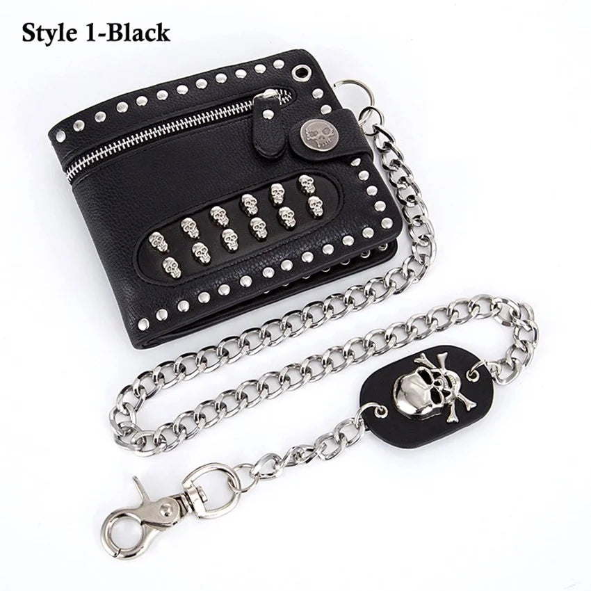 Retro Skull Rivets Men‘s PU Leather Wallet Punk Metal Chain Wallet Zipper Clutch Wallet Money Clip Folded Purse