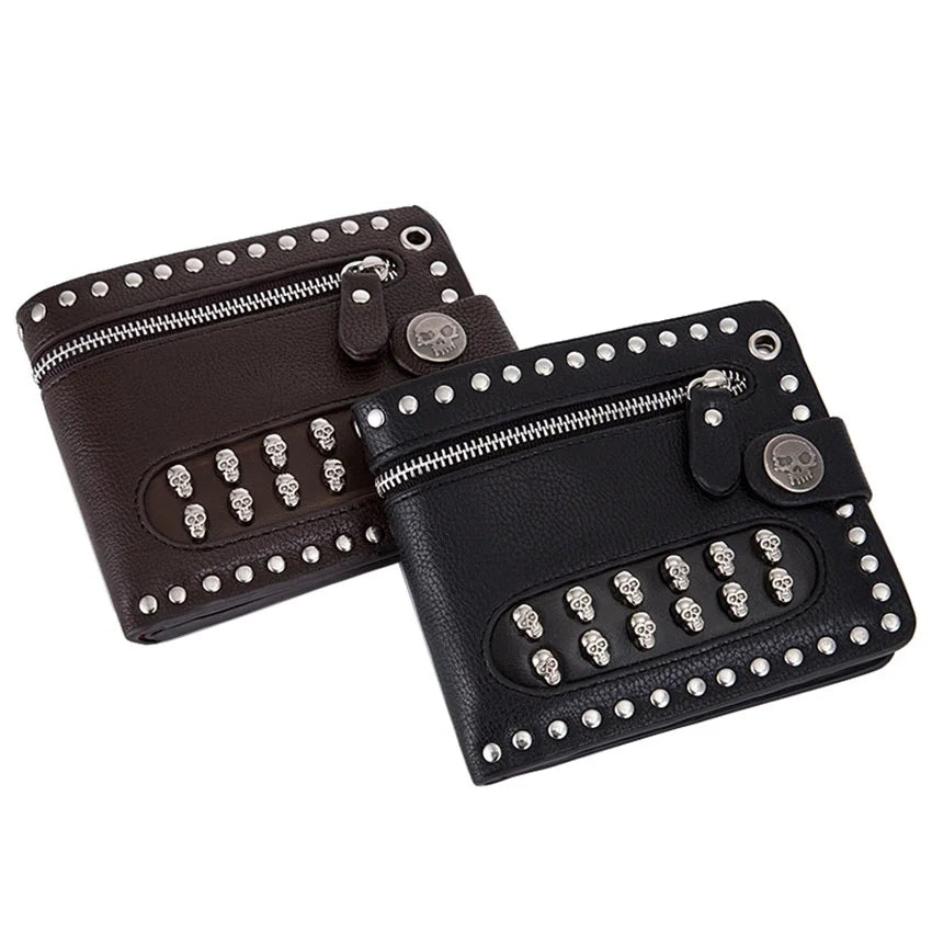 Retro Skull Rivets Men‘s PU Leather Wallet Punk Metal Chain Wallet Zipper Clutch Wallet Money Clip Folded Purse