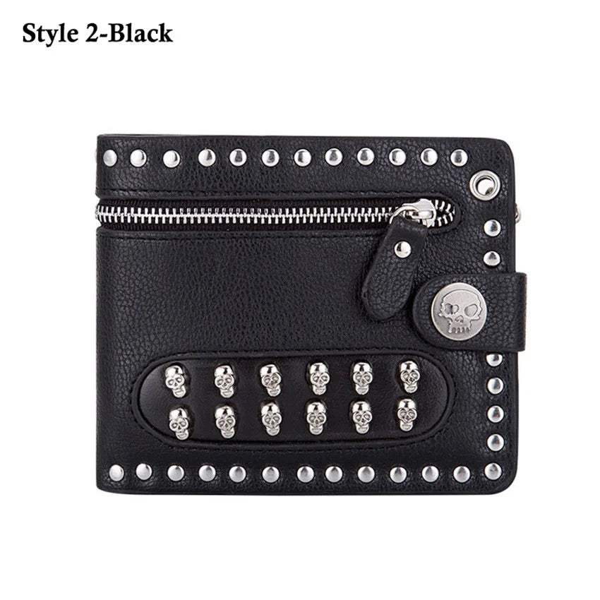 Retro Skull Rivets Men‘s PU Leather Wallet Punk Metal Chain Wallet Zipper Clutch Wallet Money Clip Folded Purse