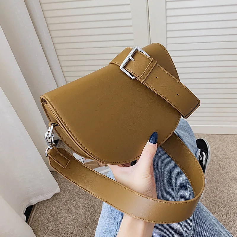 Retro Solid Color Saddle Bag High Quality Leather Shoulder Bags for Women 2023 New Simple Ladies Crossbody Bag Designer Handbags