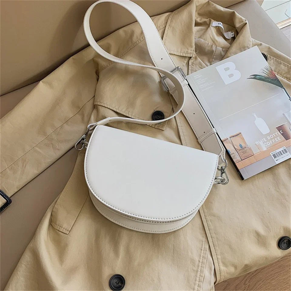 Retro Solid Color Saddle Bag High Quality Leather Shoulder Bags for Women 2024 New Simple Ladies Crossbody Bag Designer Handbags