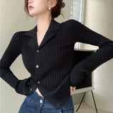 Rimocy Black Knit V Neck Cardigan Women Korean Fashion Long Sleeve Sweater Cardigans Woman Single Breasted Slim Fit Jumper Mujer