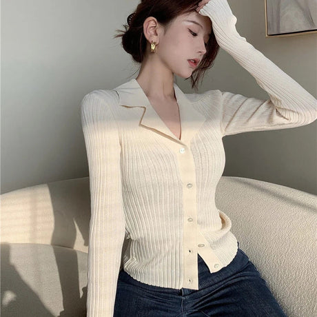 Rimocy Black Knit V Neck Cardigan Women Korean Fashion Long Sleeve Sweater Cardigans Woman Single Breasted Slim Fit Jumper Mujer