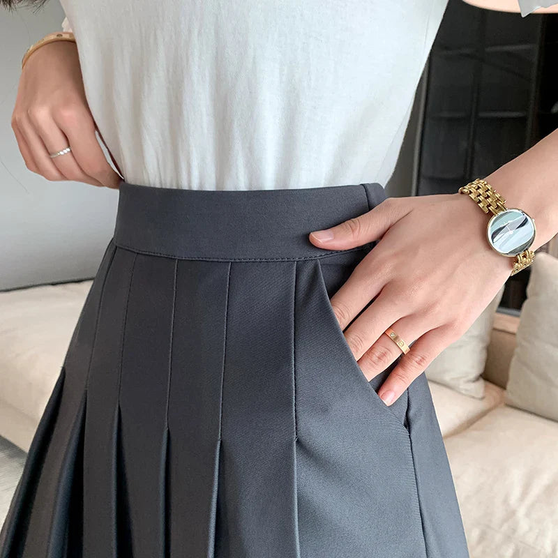 Rimocy Korean Elastic High Waist Pleated Skirt Woman Black Gray Short A-Line Skirts for Women 2023 Summer Jk Uniform Mini Skirt