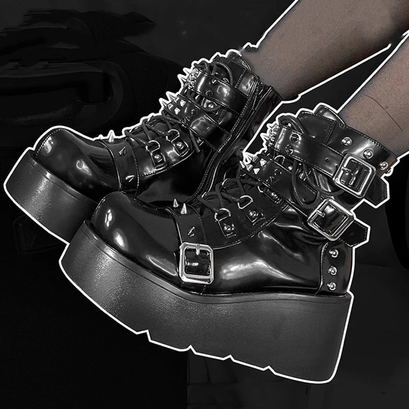 Rivets Decor Chunky Platform Punk Ankle Boots Women 2023 Winter Pu Leather Black Boots Woman Metal Buckle Gothic Shoes