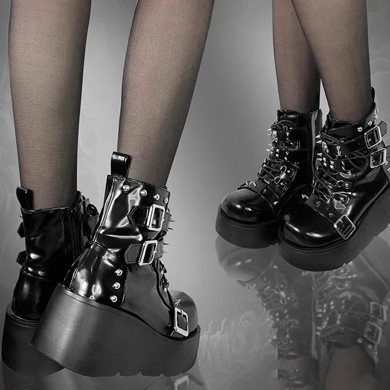 Rivets Decor Chunky Platform Punk Ankle Boots Women 2023 Winter Pu Leather Black Boots Woman Metal Buckle Gothic Shoes