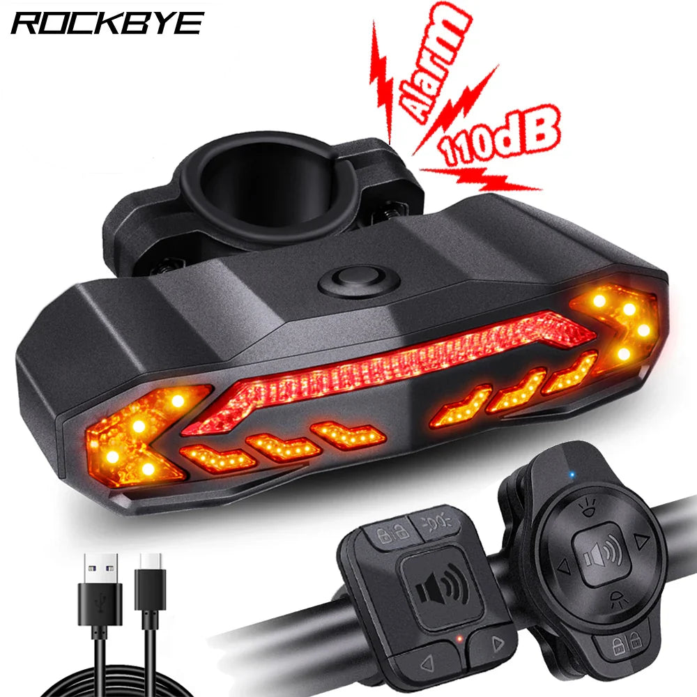 Rockbye Bicycle Rear Light Alarm Waterproof Rechargeable Scooter Bike Turn Signal Warning Lamp Auto Brake Light