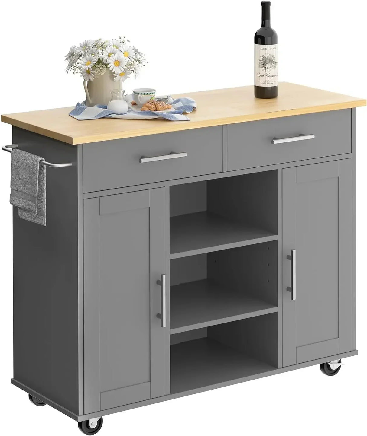 Rolling Kitchen Island Cart With Folding Drop Leaf Breakfast Bar Portable Trolley Island With Large Storage Cabinet Gray Hand