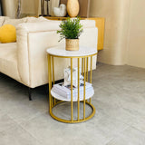 Round Marble Accent Table End 2 Tiers Storage Table Gold Metal Frame Nightstand for Living Room, Bedroom