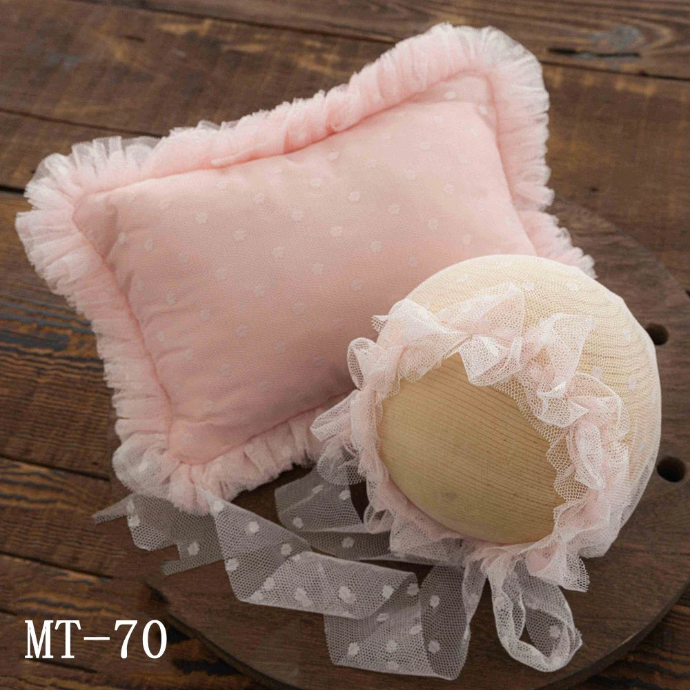 Ruffle Baby Girl Pillow and Lace Hat Set Newborn Photography Props Polka Dots Newborn Posing Pillow Baby Photography Accessories