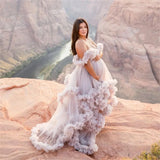 Ruffles Tulle Maternity Dresses For Photoshot Pregnant Evening Dress Sleeveless Plus Size Sheer Prom Gown Sleepwear Robe