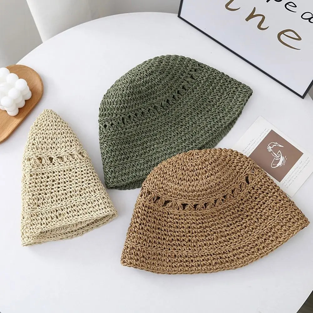 Fisherman's Hat Summer Fashion Ladies Paper Straw Bucket Hat Breathable Crochet Beach Cap Wide Brim Sun Cap