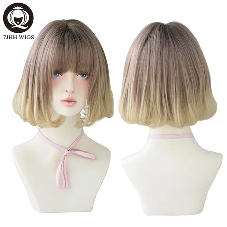 7JHH WIGS Black Short Bob Wig for Girl Daily Wear Synthetic Wig New Style Natural Supple Summer  Heatresistant Wig With Bangs