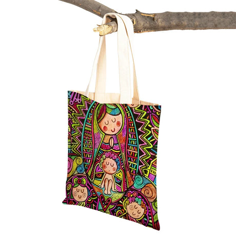 Ladies Shopping Bag Cartoon Virgin Mary Series Handbag Foldable Reusable Cloth Shopper Harajuku Style Student Canvas Tote