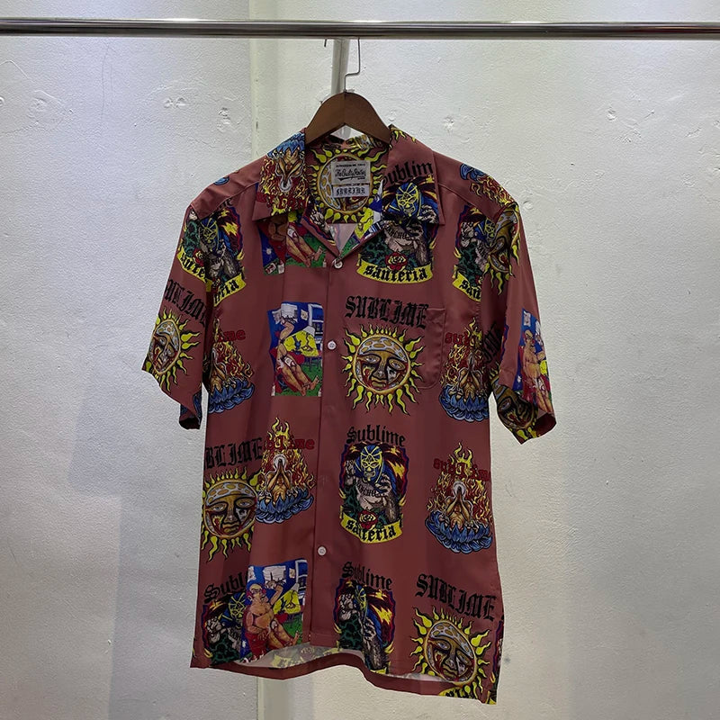 Summer New Wacko Maria Beach Shirt for Men Hip Hop Rose Red Portrait Full Print Harajuku Loose Short Sleeve Marley Same Style