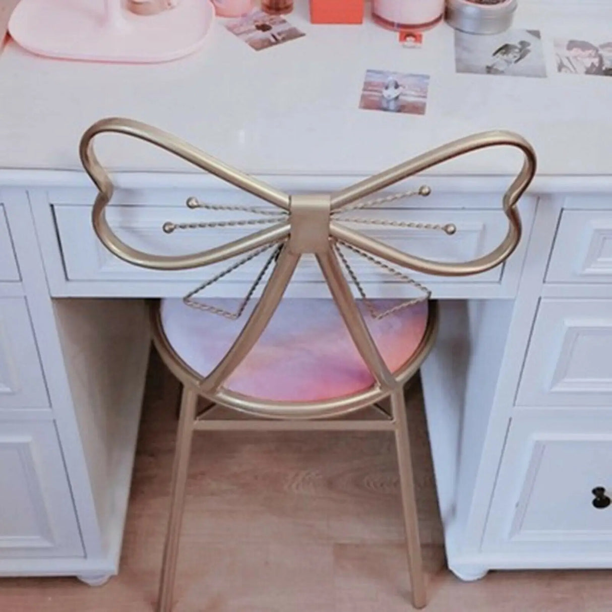 Luxury Minimalist Makeup Vanity Stool Butterfly Backrest Chair w/Velvet Cushion for Bedroom Dining Room Deep Pink/Light Pink