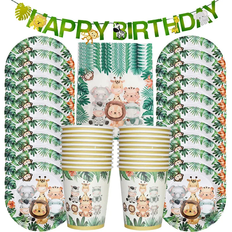 Jungle Safari Birthday Decorations Animal Disposable Tableware Forest Woodland Baby Shower Boy 1 2 3 4 5 Birthday Party Supplies