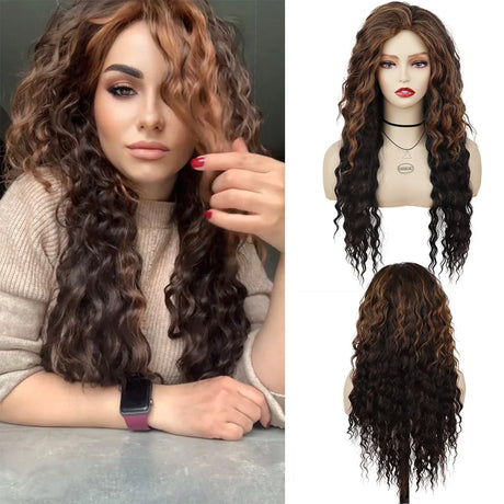 Synthetic Womens Wig Long Curly Hair Ash Blonde Wig Female Natural Wavy Dark Root Regular Wig 80s Brown Ombre Wig for Woman Girl